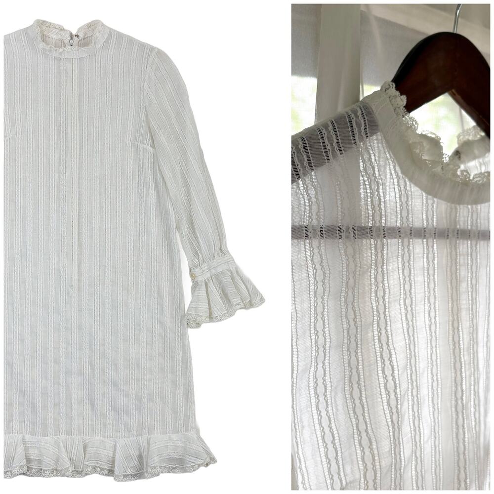 VTG 60s Sheer Lace Mini Dress XS S Ivory Ruffle Sleeve Layering Romantic Twee